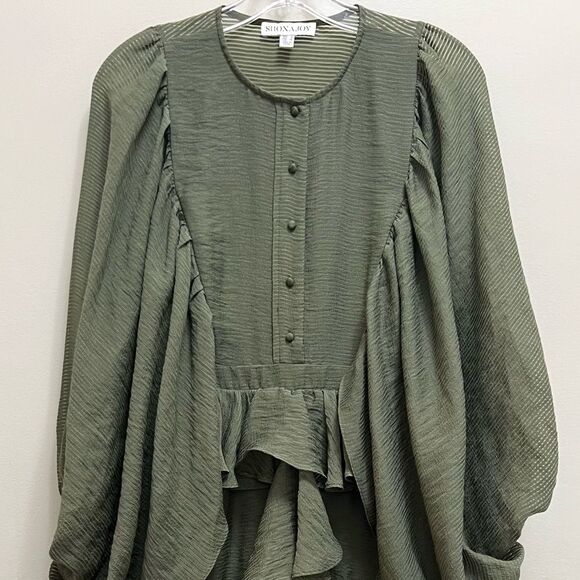 Shona Joy Charlotte Dress Draped Ruffle Balloon Sleeve in Khaki Size 4 - Picture 5 of 11